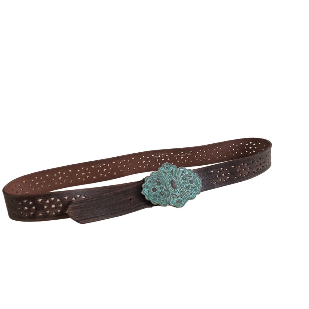 New Italian Leather Belt Brown/Turquoise Buckle Made in Canada Size L